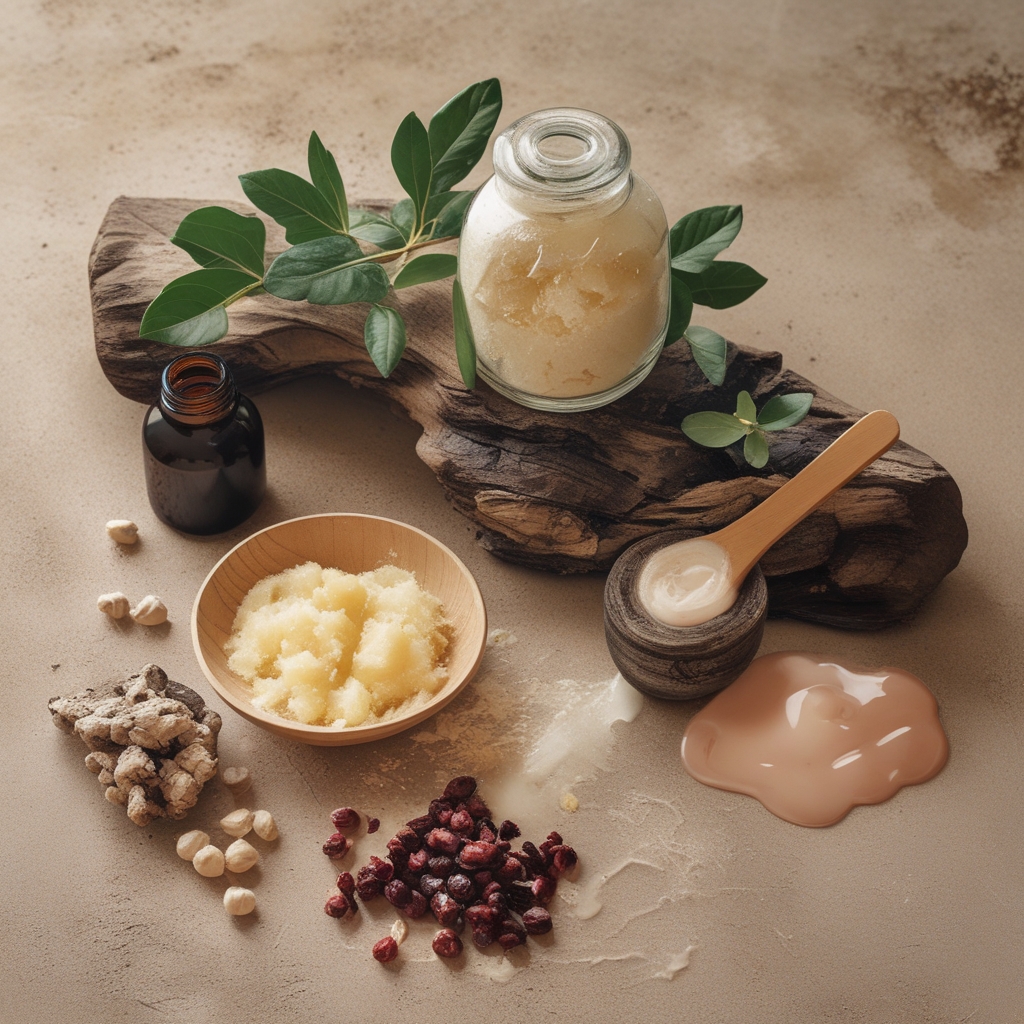 Bahan-bahan alami perawatan kulit yang ditata rapi di atas meja kayu, meliputi minyak argan, lidah buaya segar, biji rosehip, dan botol kaca kecil berisi minyak esensial